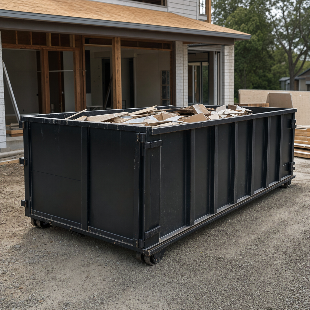 Large matte-black 30-yard construction roll-off dumpster at an active Pensacola jobsite, steel-gray top rails and bottom rollers visible, loaded with construction debris.