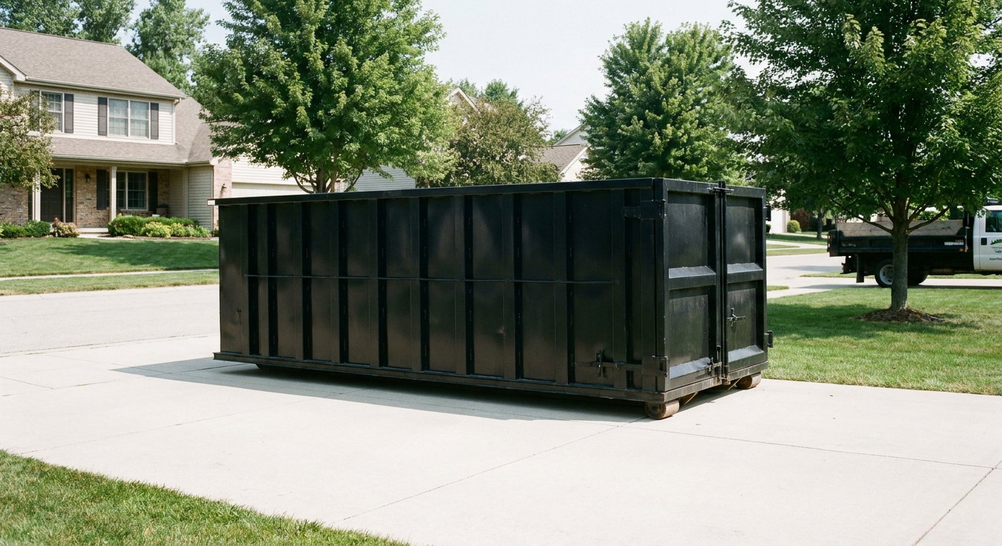 Matte-black 20-yard roll-off dumpster sitting level on a clean Pensacola residential concrete driveway under bright daylight, demonstrating clean placement directly on the concrete.
