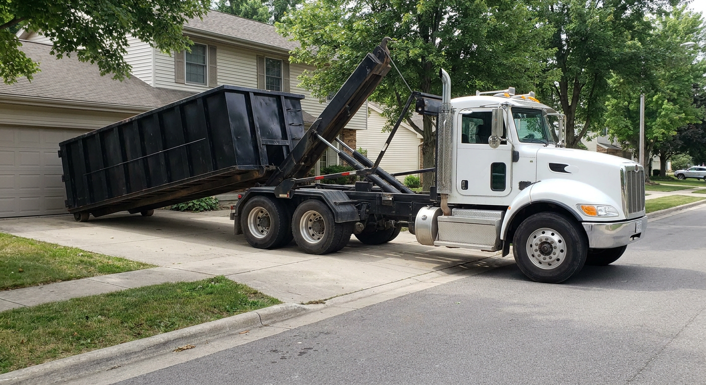 White-cab hooklift roll-off truck actively lowering a matte-black dumpster onto a Pensacola residential concrete driveway, the dumpster's rear wheels touching the driveway as the hoist arm tilts the bed forward, mid-morning daylight.