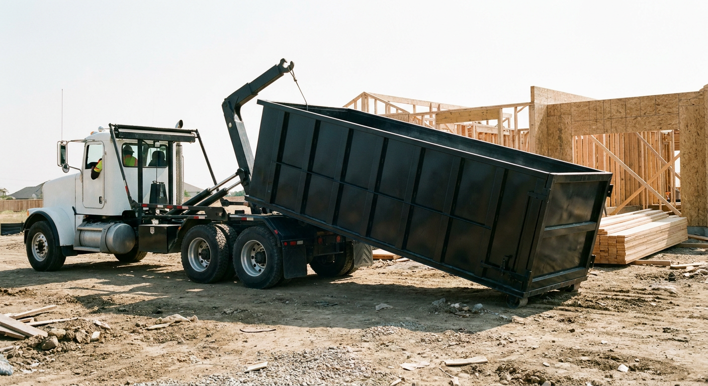 Matte-black roll-off dumpster being delivered onto a clean residential concrete driveway in Pensacola by an unmarked white hooklift hauler truck, bright morning daylight, documentary 35mm perspective.