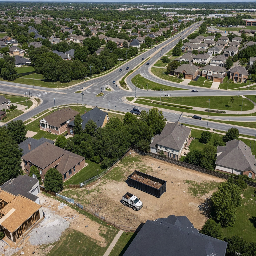 An overhead documentary view of the Pensacola metro area at midday, showing the spread of neighborhoods, arterial roads, and the dispatch radius from a central yard — clean daylight, organized geographic layout.