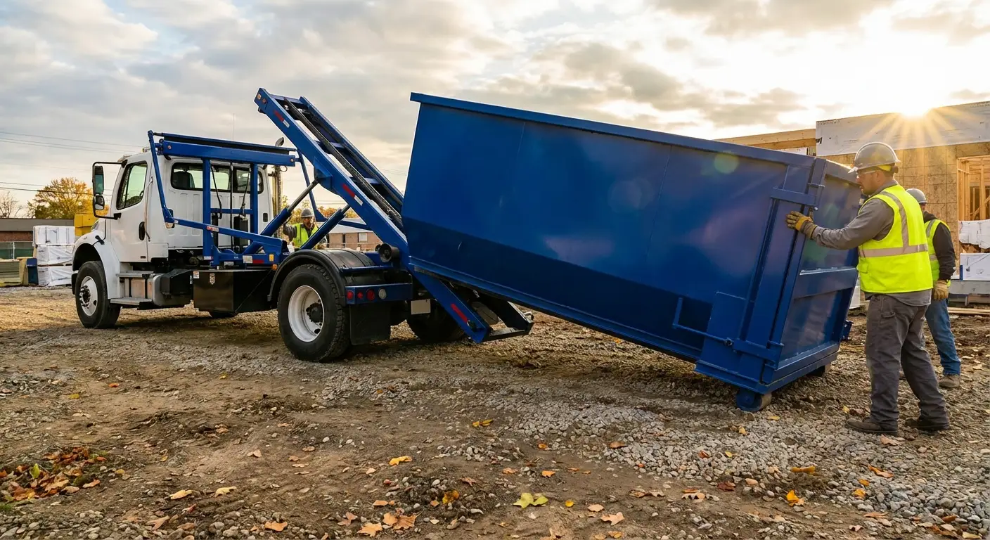 Construction dumpster delivery truck at job site in Pensacola, FL