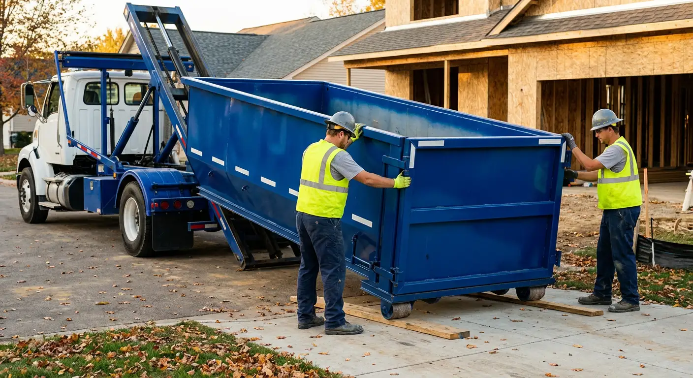 Roll-off dumpster delivery truck in residential area in Pensacola, FL